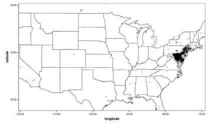 scatter plot of home-town locations over US map